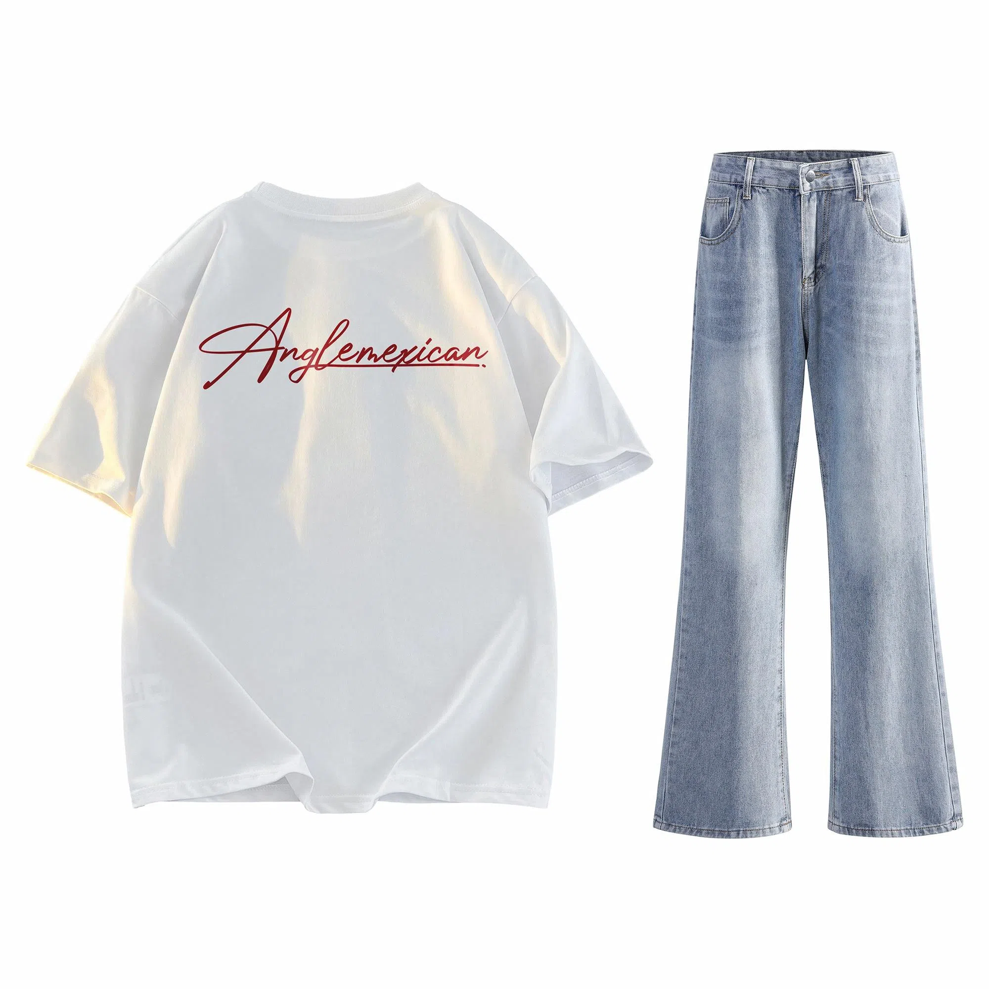 稻草人 美式高街花体字母百搭重磅纯棉宽松落肩短袖中腰水洗做旧垂感微喇叭牛仔裤休闲运动套装 男女同款