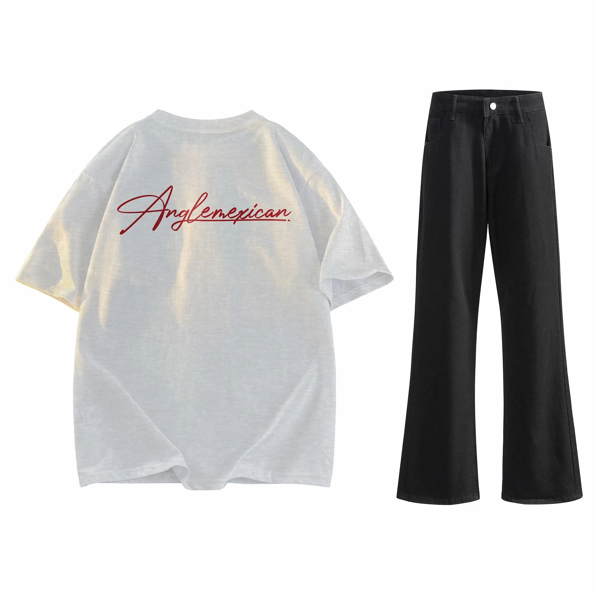 稻草人 美式高街花体字母百搭重磅纯棉宽松落肩短袖中腰水洗做旧垂感微喇叭牛仔裤休闲运动套装 男女同款