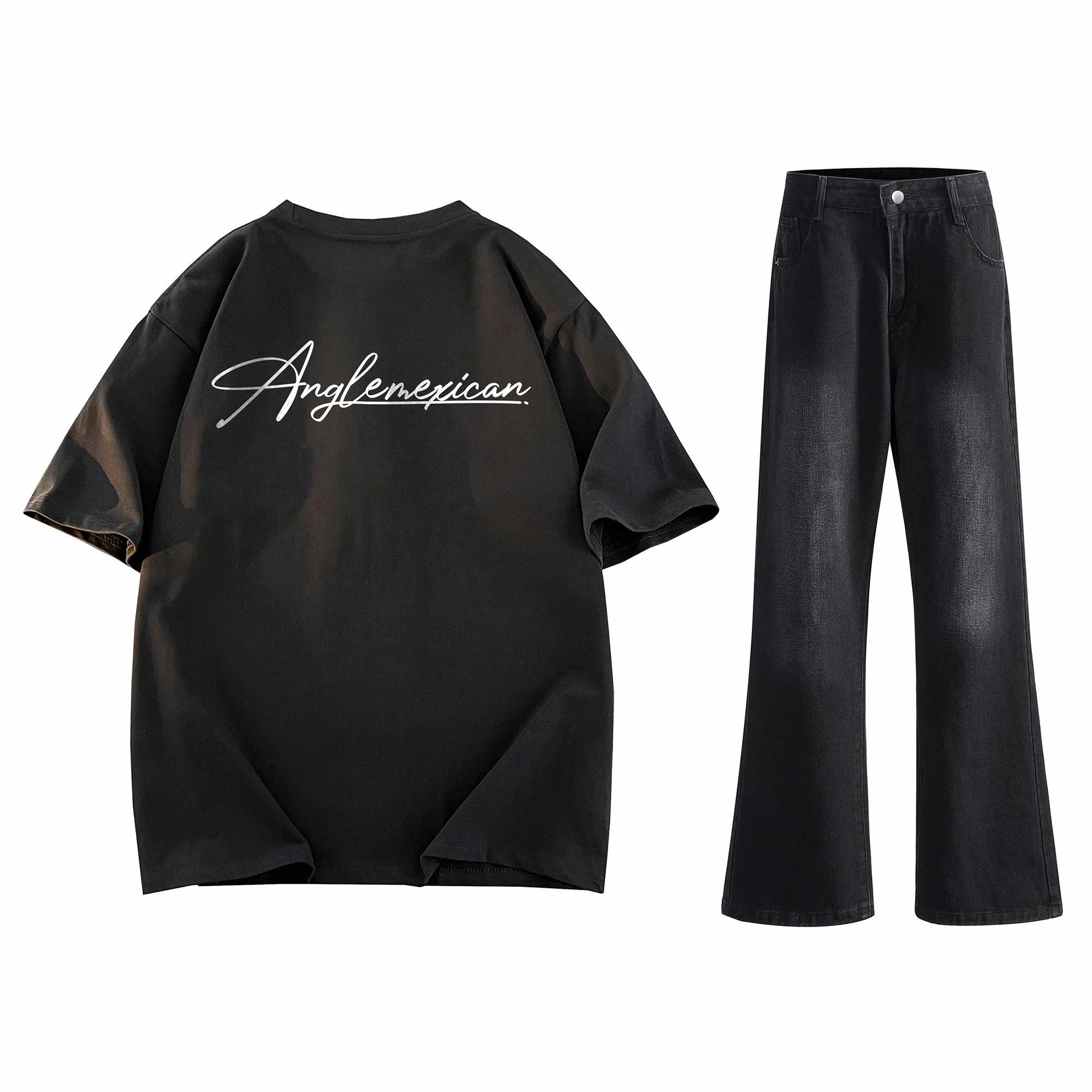 稻草人 美式高街花体字母百搭重磅纯棉宽松落肩短袖中腰水洗做旧垂感微喇叭牛仔裤休闲运动套装 男女同款