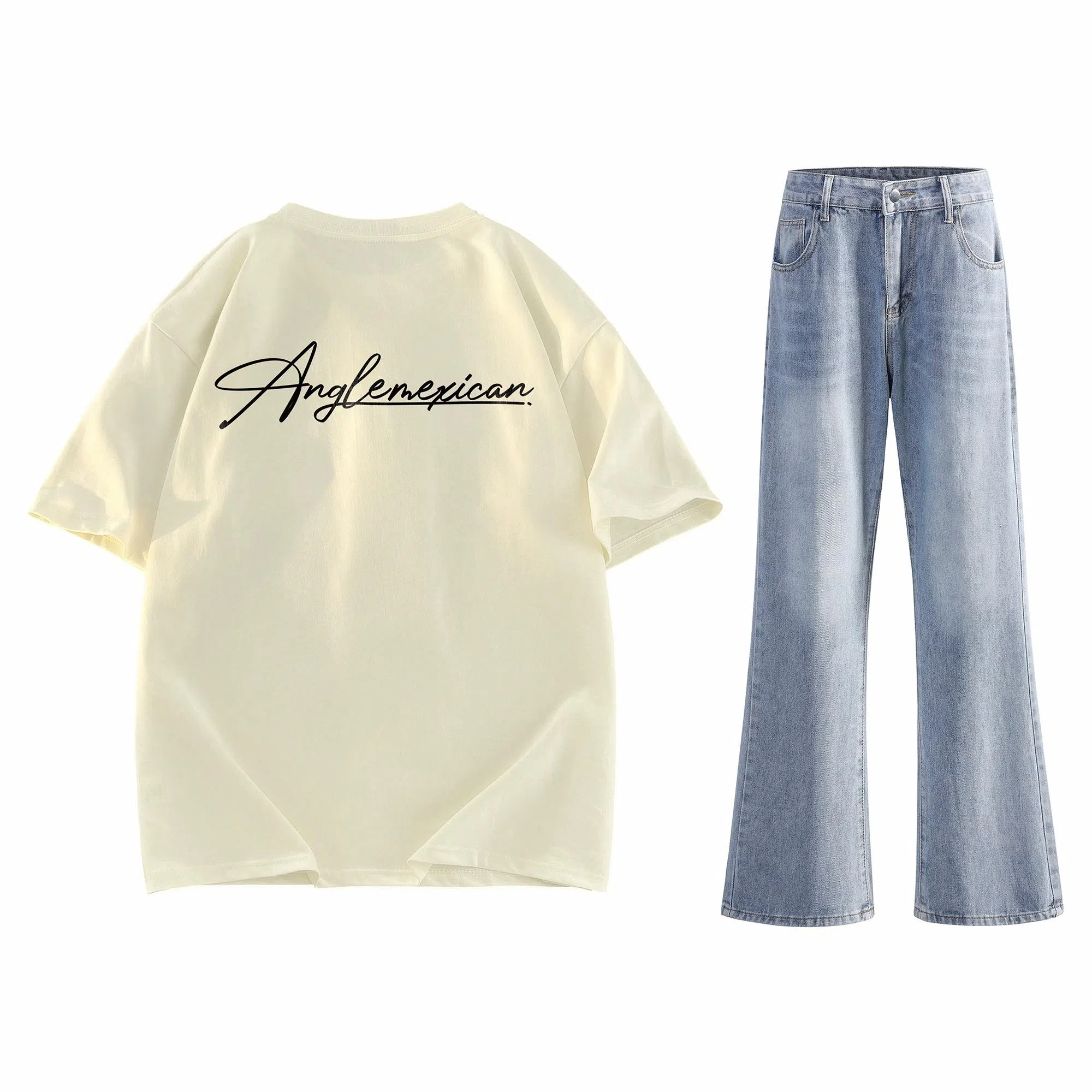 稻草人 美式高街花体字母百搭重磅纯棉宽松落肩短袖中腰水洗做旧垂感微喇叭牛仔裤休闲运动套装 男女同款