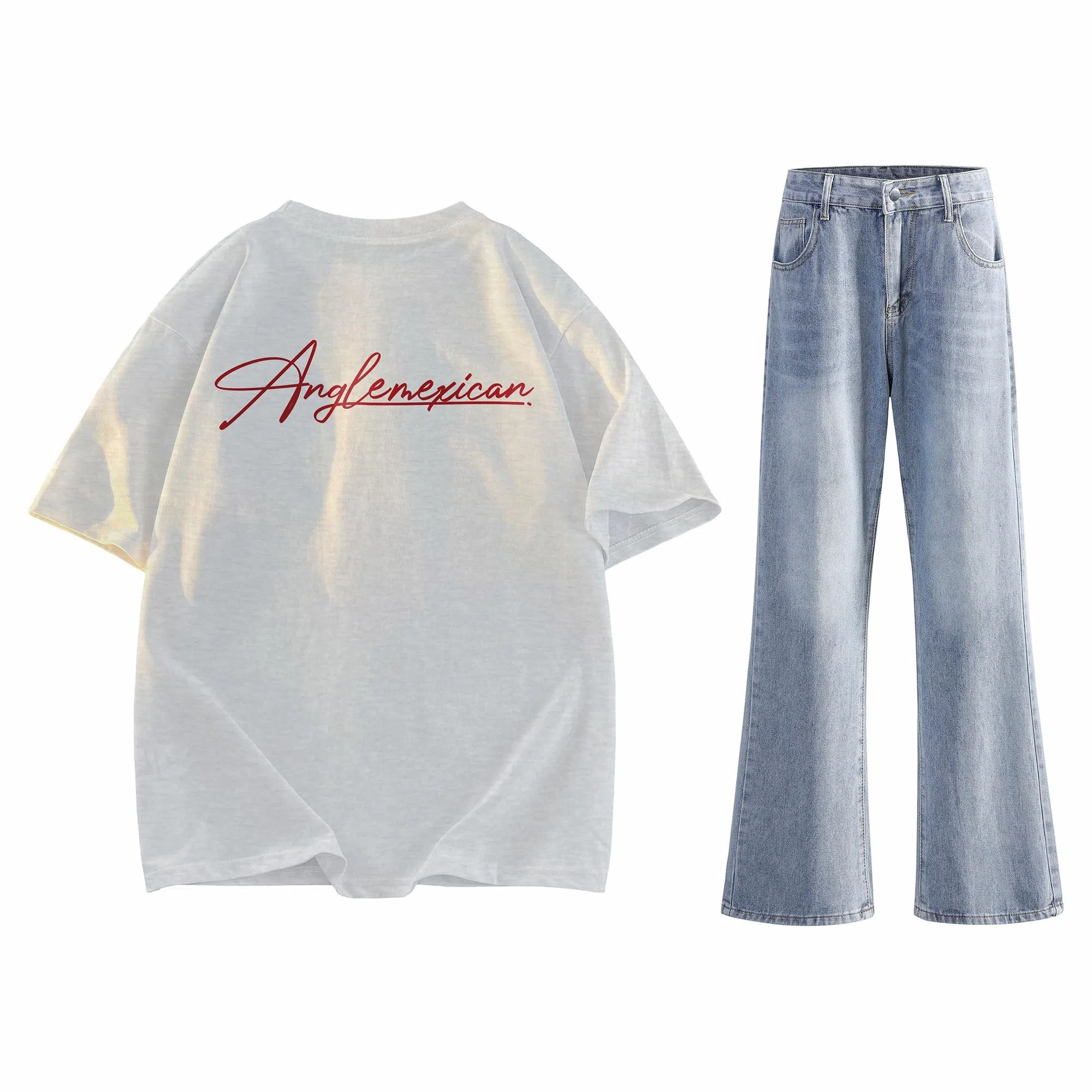 稻草人 美式高街花体字母百搭重磅纯棉宽松落肩短袖中腰水洗做旧垂感微喇叭牛仔裤休闲运动套装 男女同款