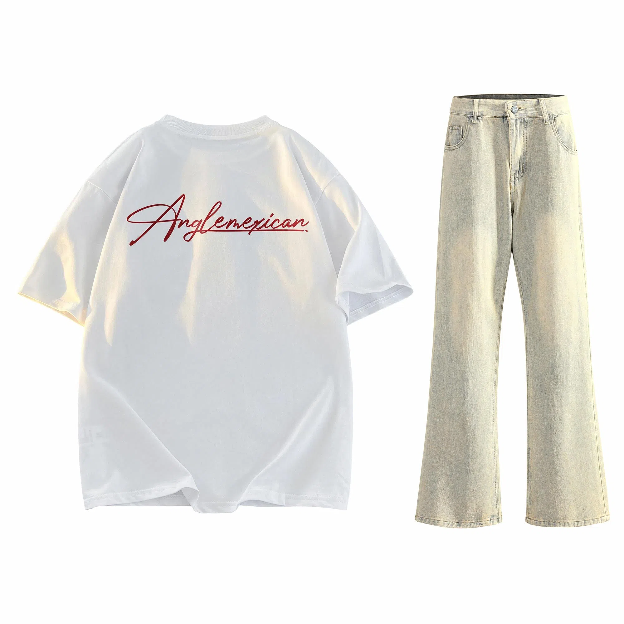 稻草人 美式高街花体字母百搭重磅纯棉宽松落肩短袖中腰水洗做旧垂感微喇叭牛仔裤休闲运动套装 男女同款