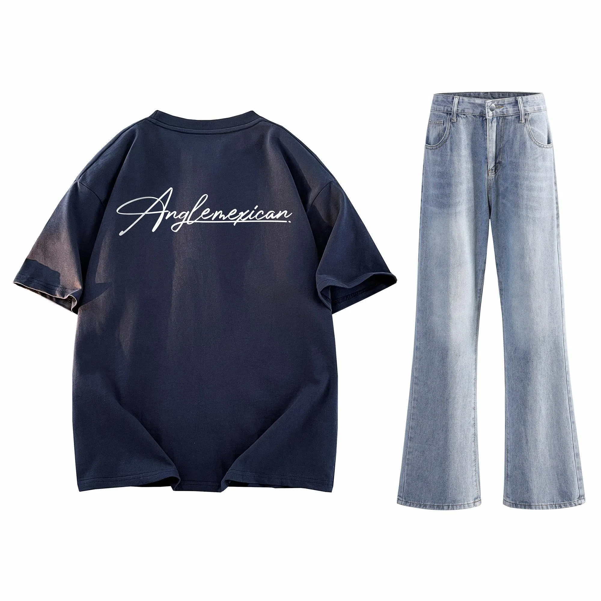 稻草人 美式高街花体字母百搭重磅纯棉宽松落肩短袖中腰水洗做旧垂感微喇叭牛仔裤休闲运动套装 男女同款