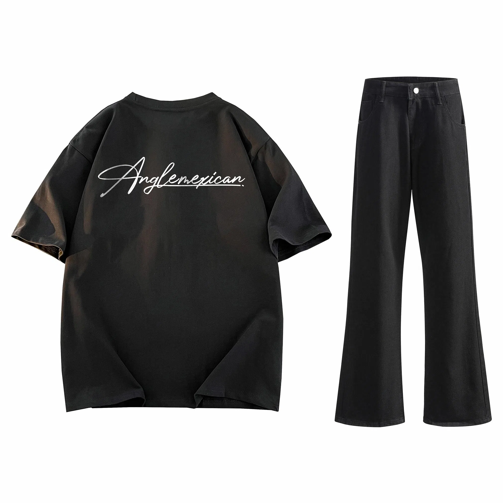 稻草人 美式高街花体字母百搭重磅纯棉宽松落肩短袖中腰水洗做旧垂感微喇叭牛仔裤休闲运动套装 男女同款