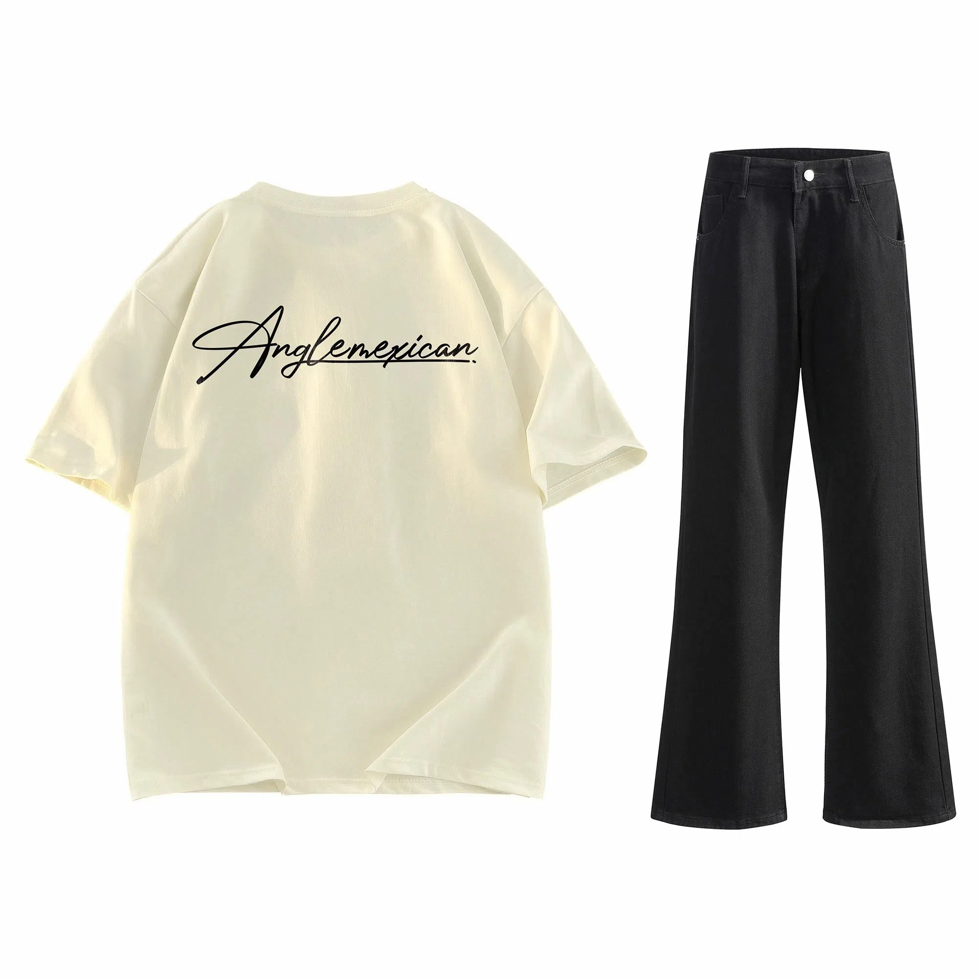 稻草人 美式高街花体字母百搭重磅纯棉宽松落肩短袖中腰水洗做旧垂感微喇叭牛仔裤休闲运动套装 男女同款