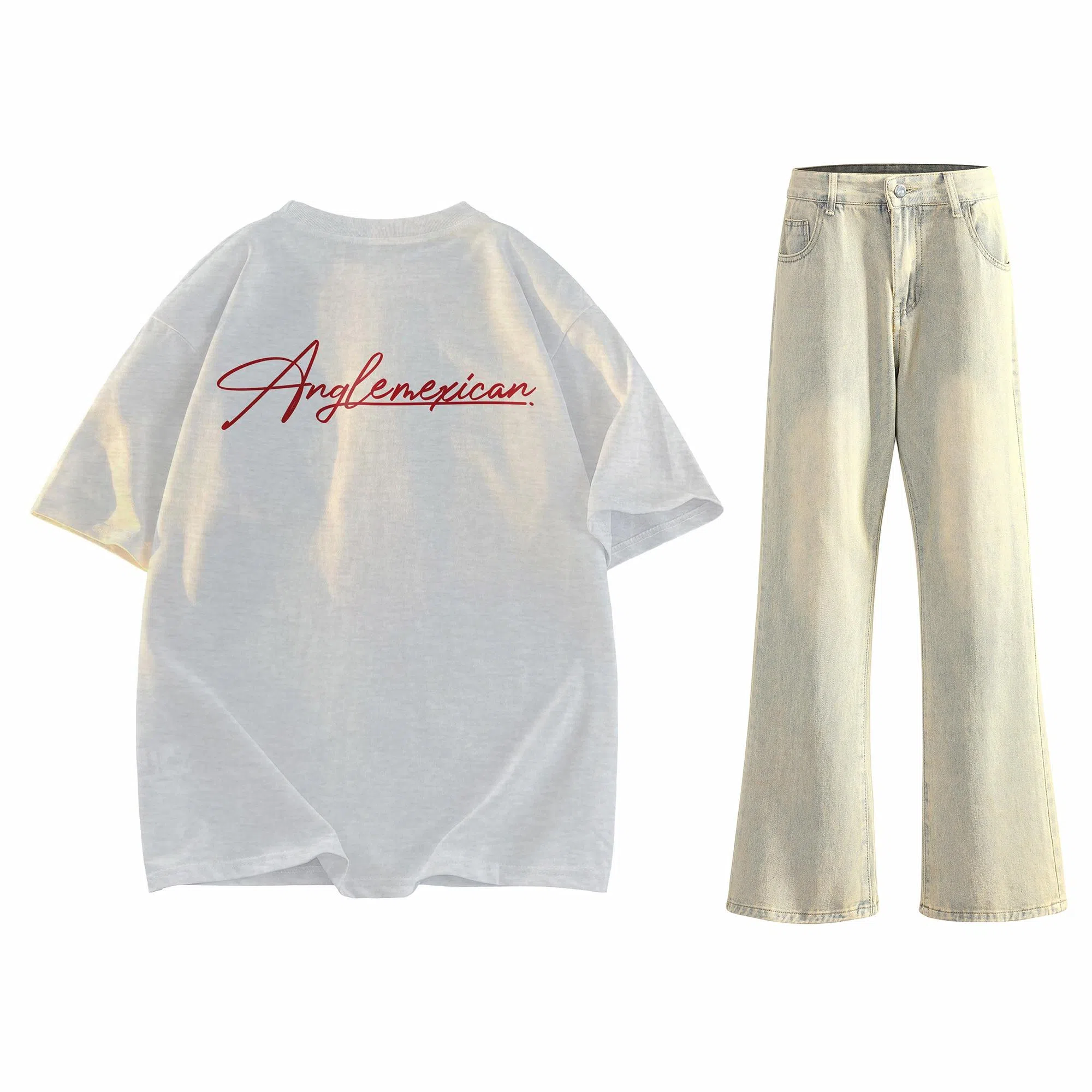 稻草人 美式高街花体字母百搭重磅纯棉宽松落肩短袖中腰水洗做旧垂感微喇叭牛仔裤休闲运动套装 男女同款