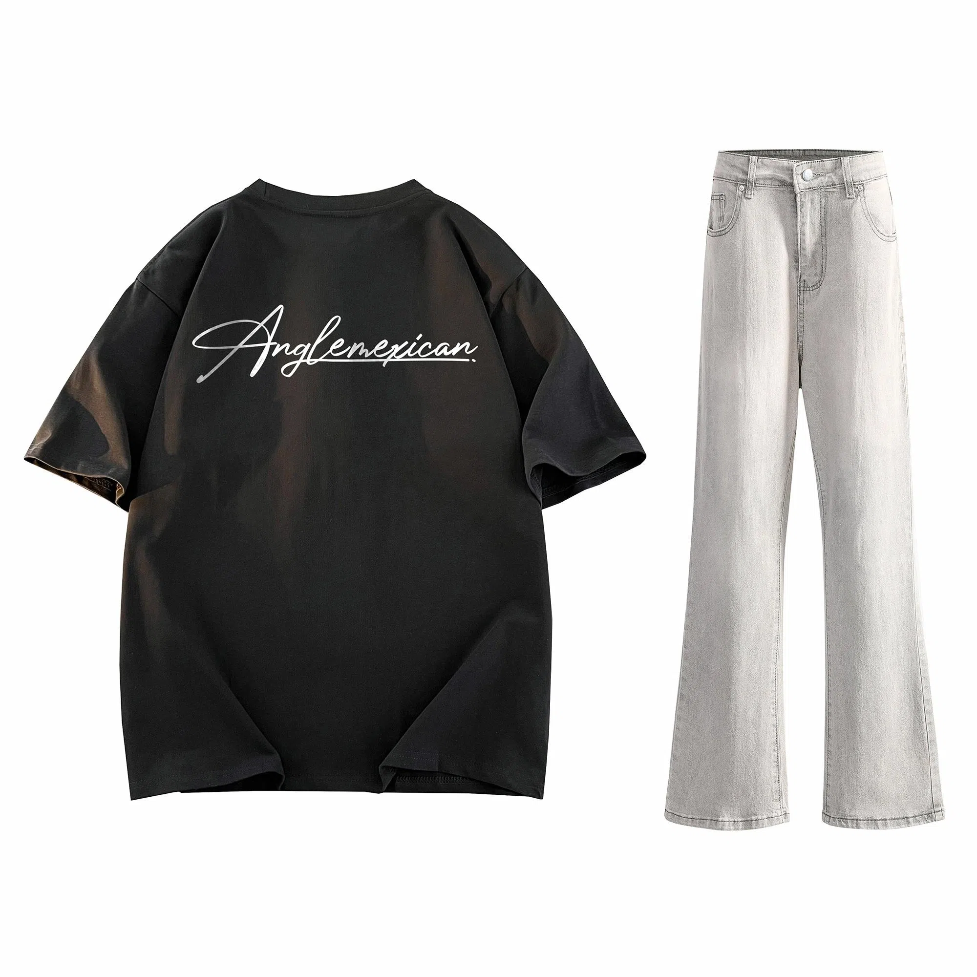 稻草人 美式高街花体字母百搭重磅纯棉宽松落肩短袖中腰水洗做旧垂感微喇叭牛仔裤休闲运动套装 男女同款