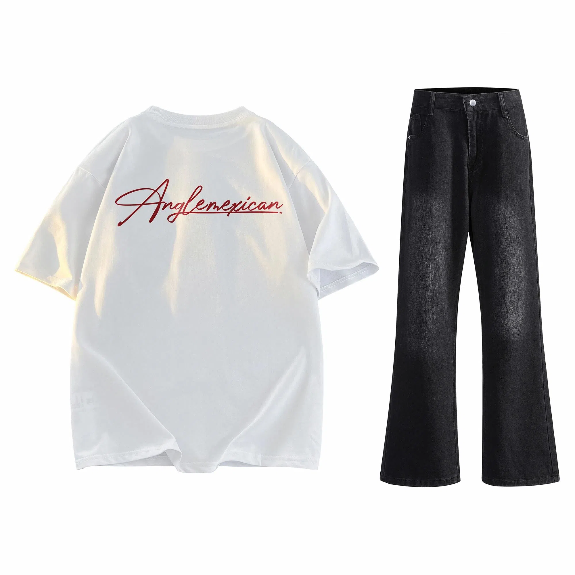 稻草人 美式高街花体字母百搭重磅纯棉宽松落肩短袖中腰水洗做旧垂感微喇叭牛仔裤休闲运动套装 男女同款