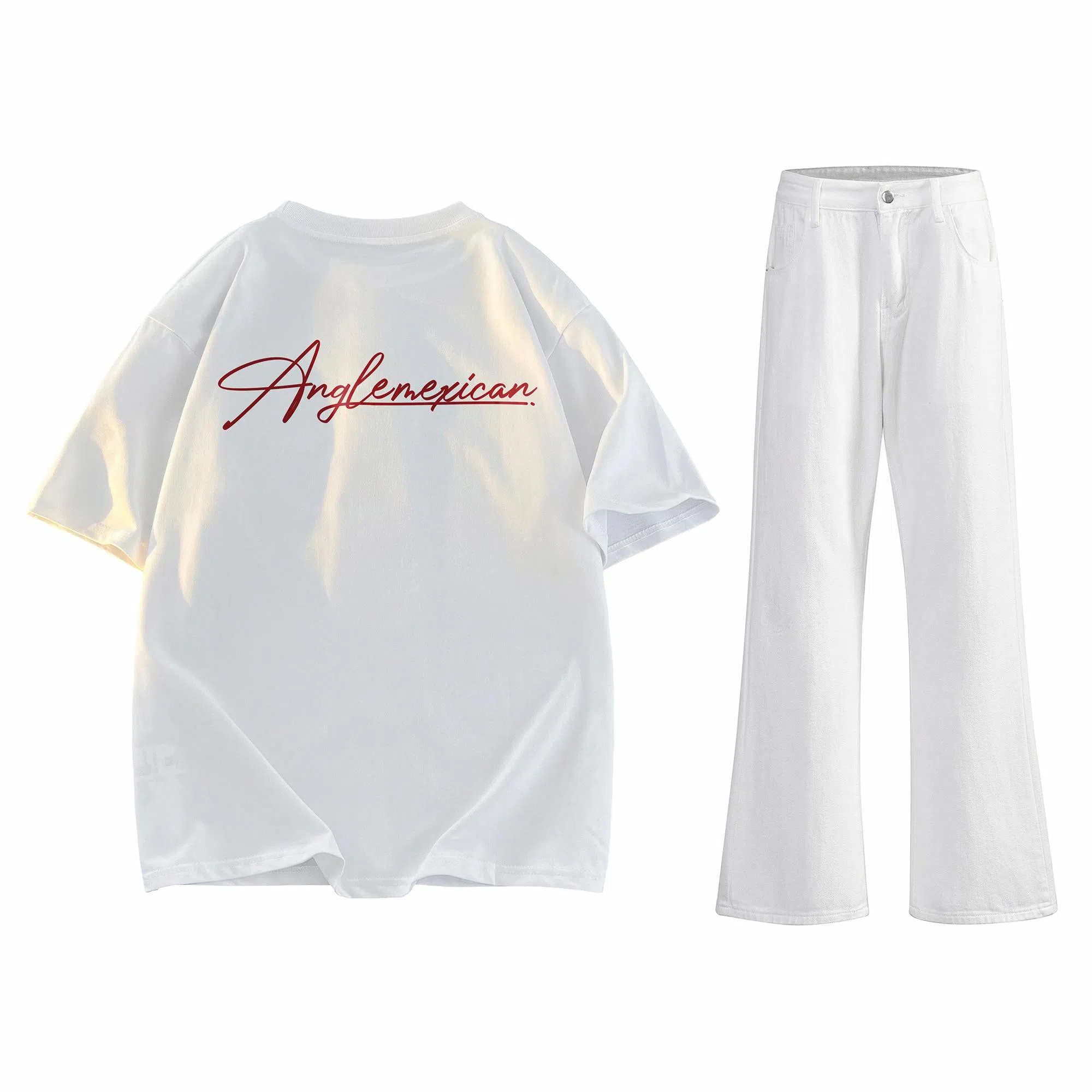 稻草人 美式高街花体字母百搭重磅纯棉宽松落肩短袖中腰水洗做旧垂感微喇叭牛仔裤休闲运动套装 男女同款