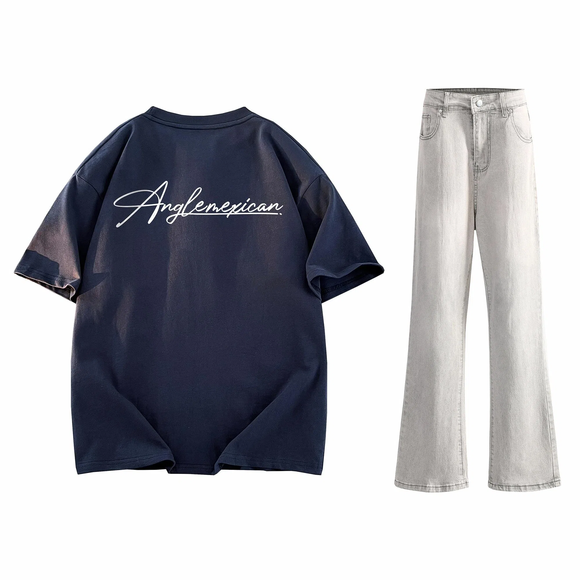 稻草人 美式高街花体字母百搭重磅纯棉宽松落肩短袖中腰水洗做旧垂感微喇叭牛仔裤休闲运动套装 男女同款