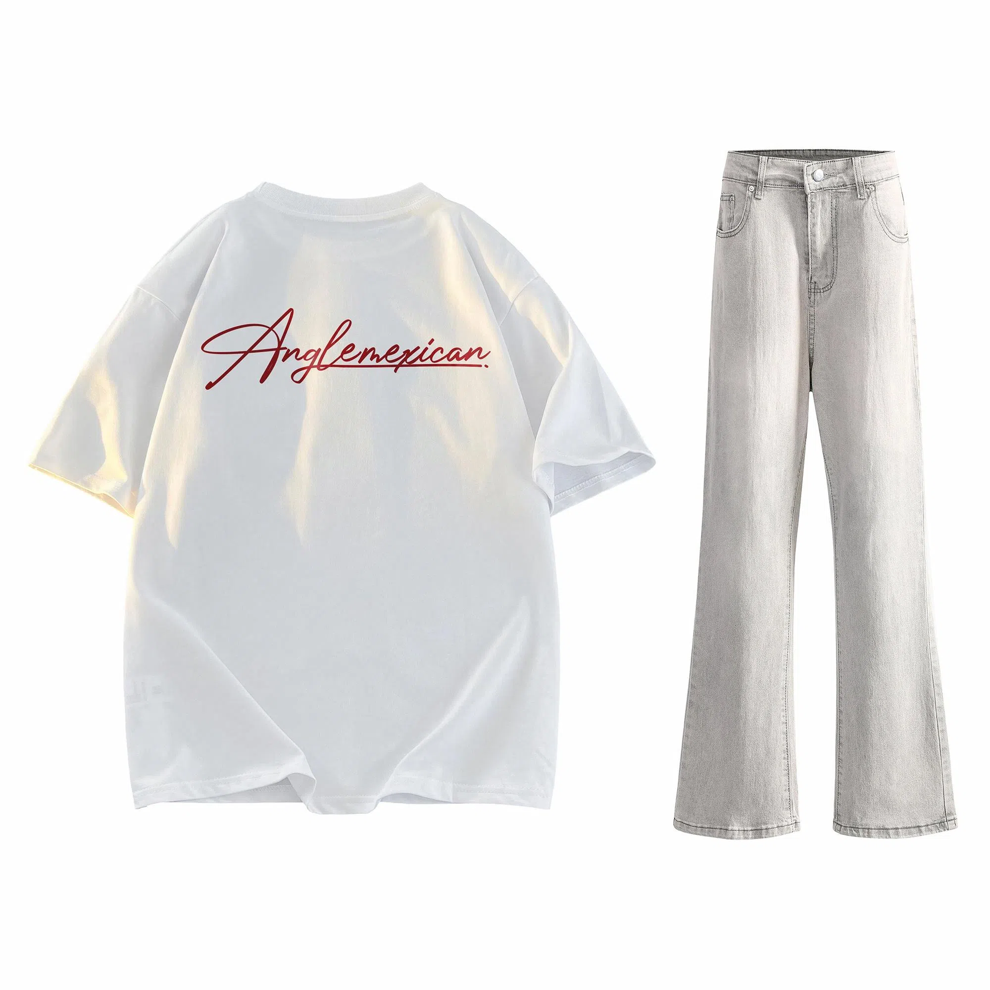 稻草人 美式高街花体字母百搭重磅纯棉宽松落肩短袖中腰水洗做旧垂感微喇叭牛仔裤休闲运动套装 男女同款