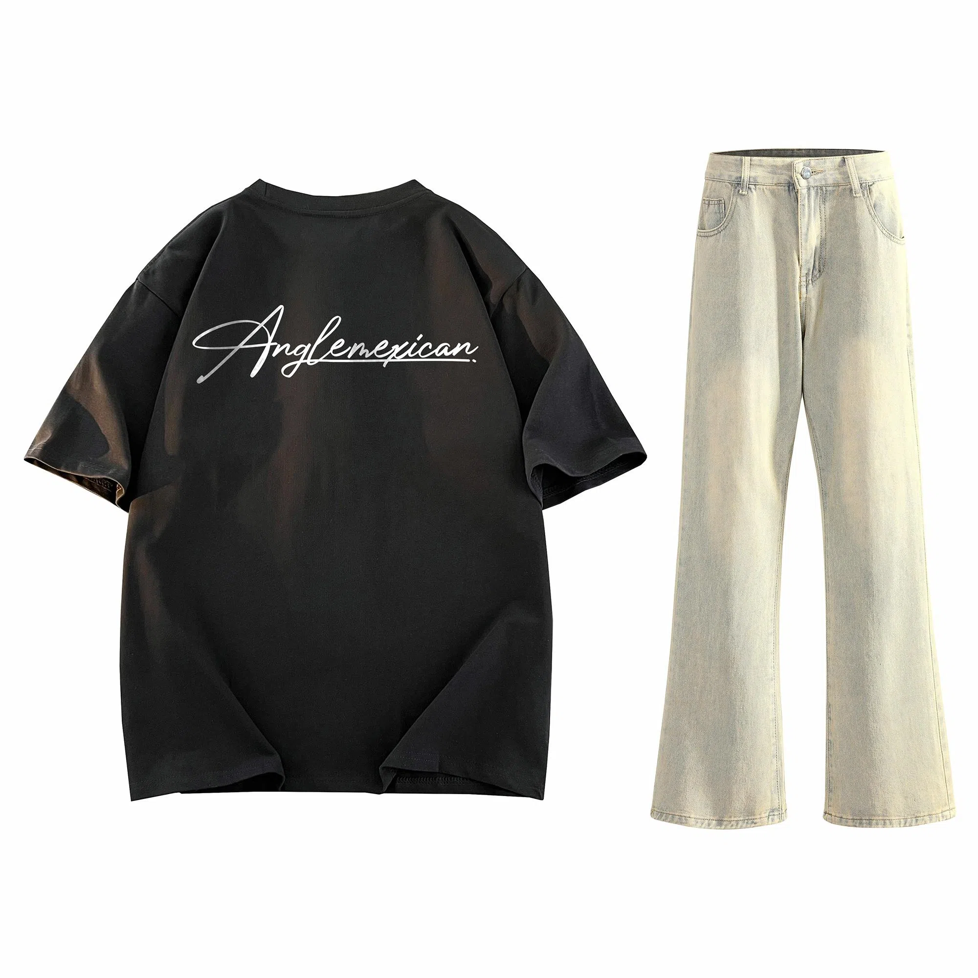 稻草人 美式高街花体字母百搭重磅纯棉宽松落肩短袖中腰水洗做旧垂感微喇叭牛仔裤休闲运动套装 男女同款