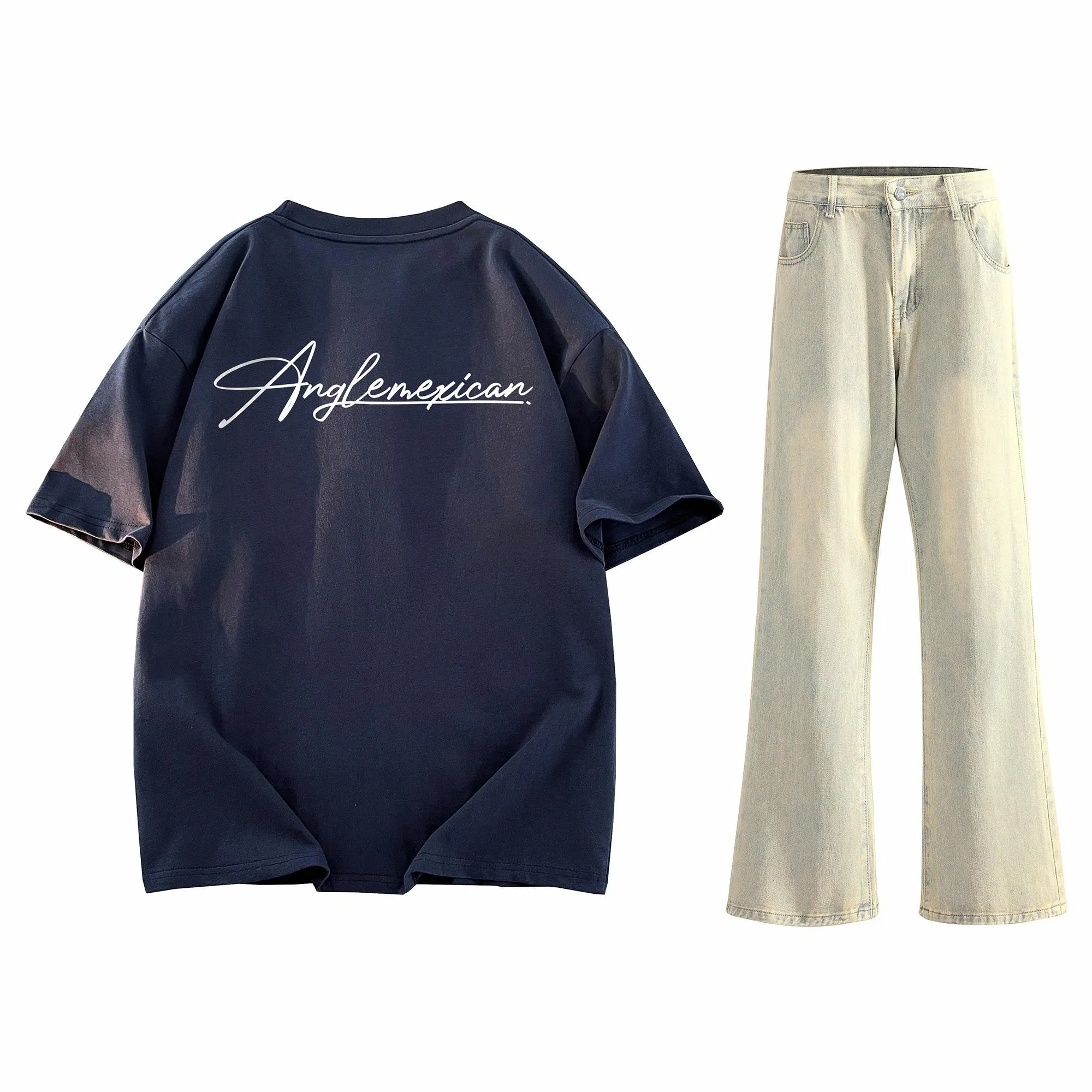 稻草人 美式高街花体字母百搭重磅纯棉宽松落肩短袖中腰水洗做旧垂感微喇叭牛仔裤休闲运动套装 男女同款