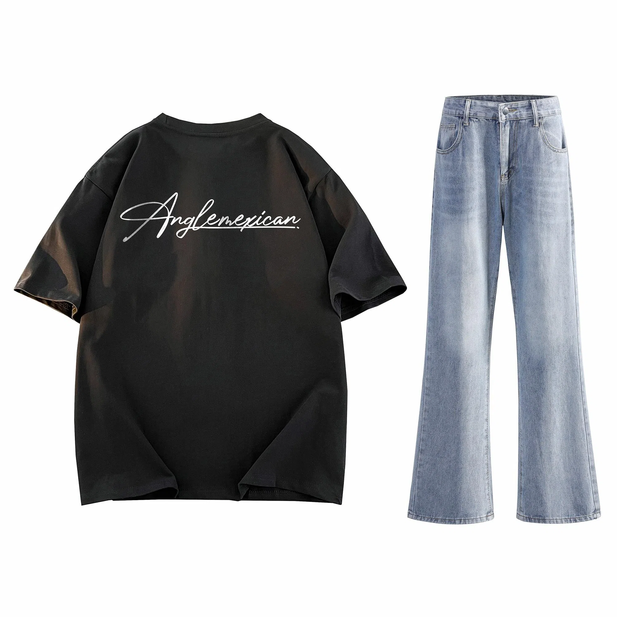 稻草人 美式高街花体字母百搭重磅纯棉宽松落肩短袖中腰水洗做旧垂感微喇叭牛仔裤休闲运动套装 男女同款