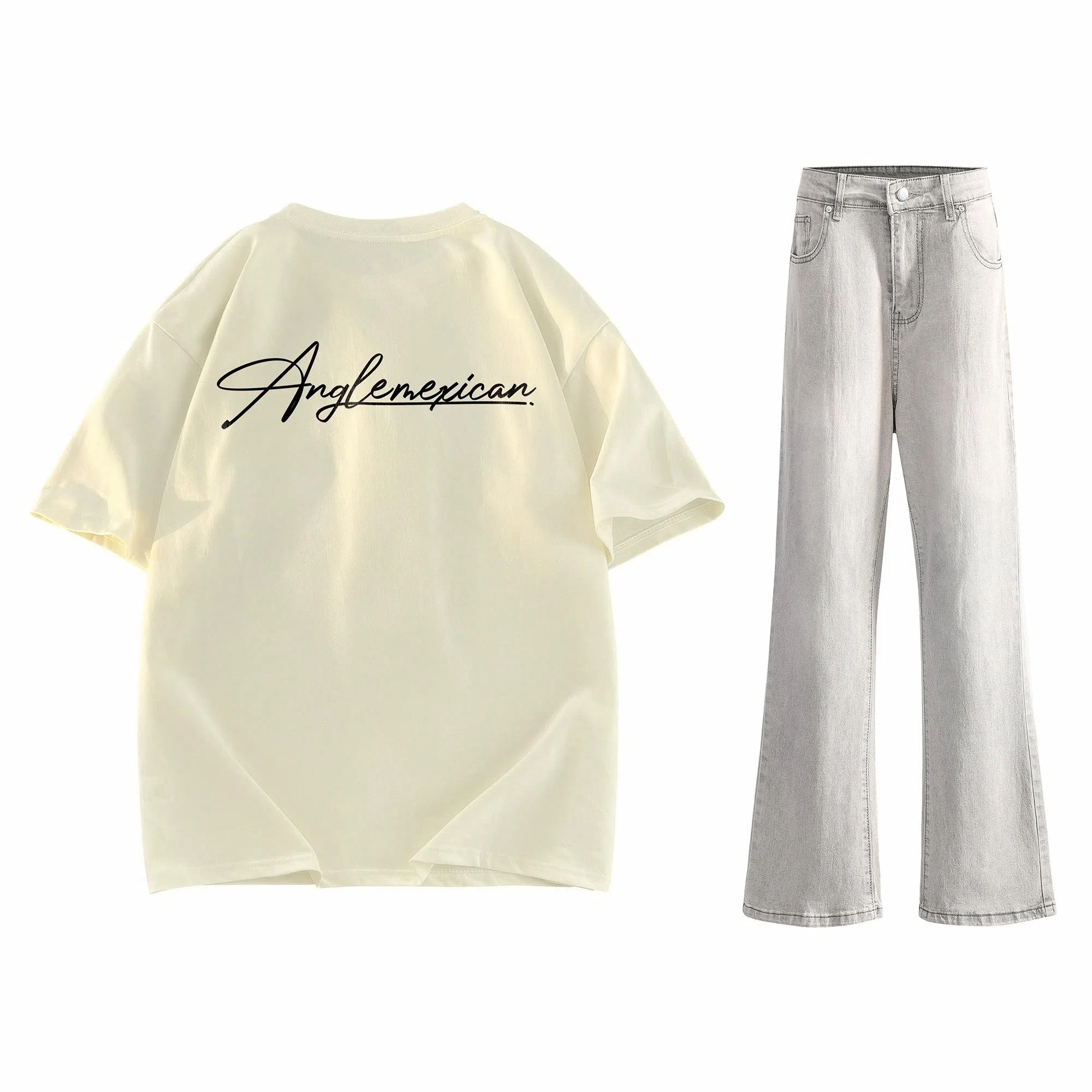 稻草人 美式高街花体字母百搭重磅纯棉宽松落肩短袖中腰水洗做旧垂感微喇叭牛仔裤休闲运动套装 男女同款