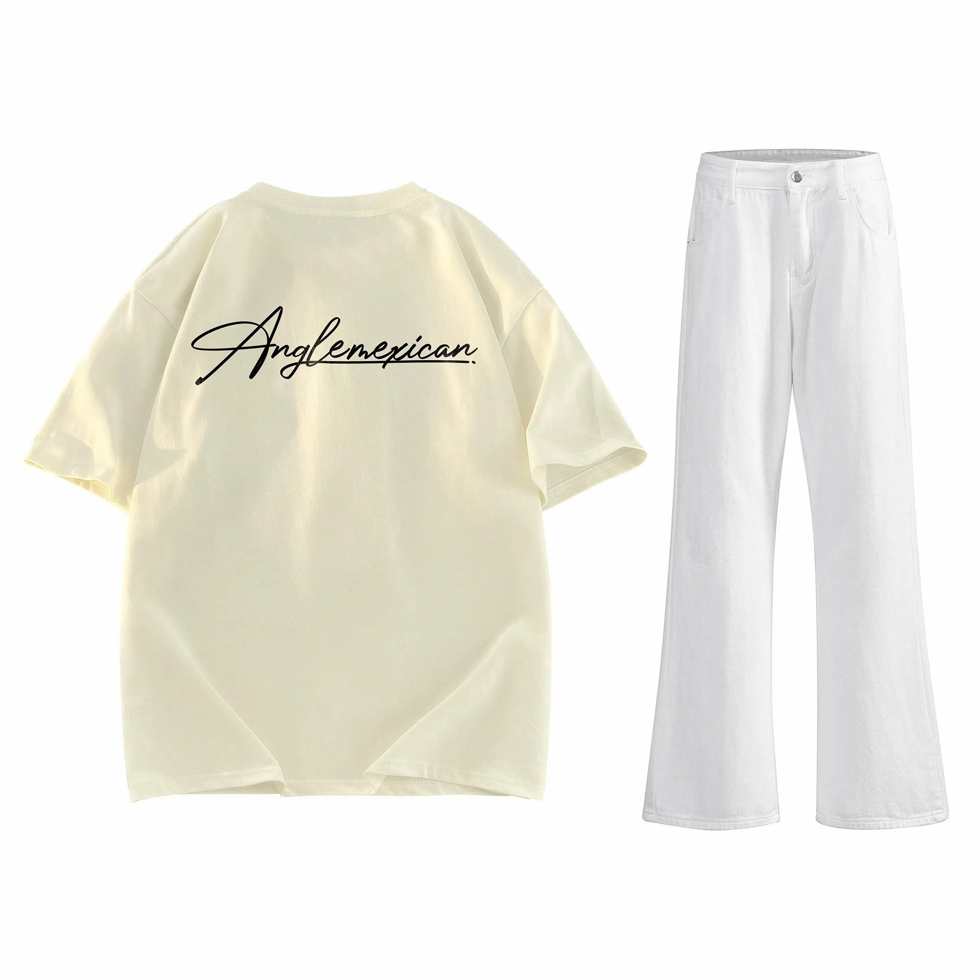 稻草人 美式高街花体字母百搭重磅纯棉宽松落肩短袖中腰水洗做旧垂感微喇叭牛仔裤休闲运动套装 男女同款