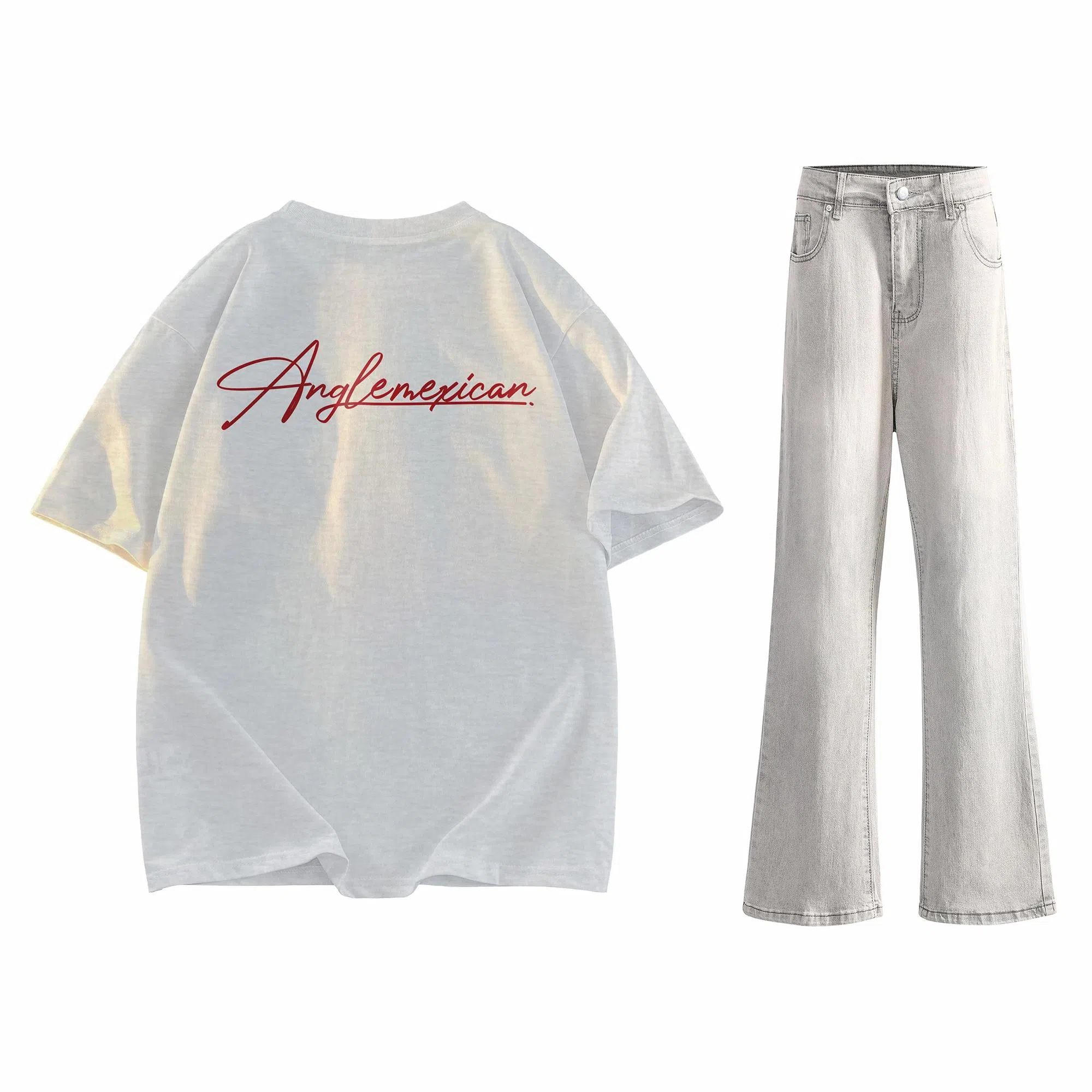 稻草人 美式高街花体字母百搭重磅纯棉宽松落肩短袖中腰水洗做旧垂感微喇叭牛仔裤休闲运动套装 男女同款