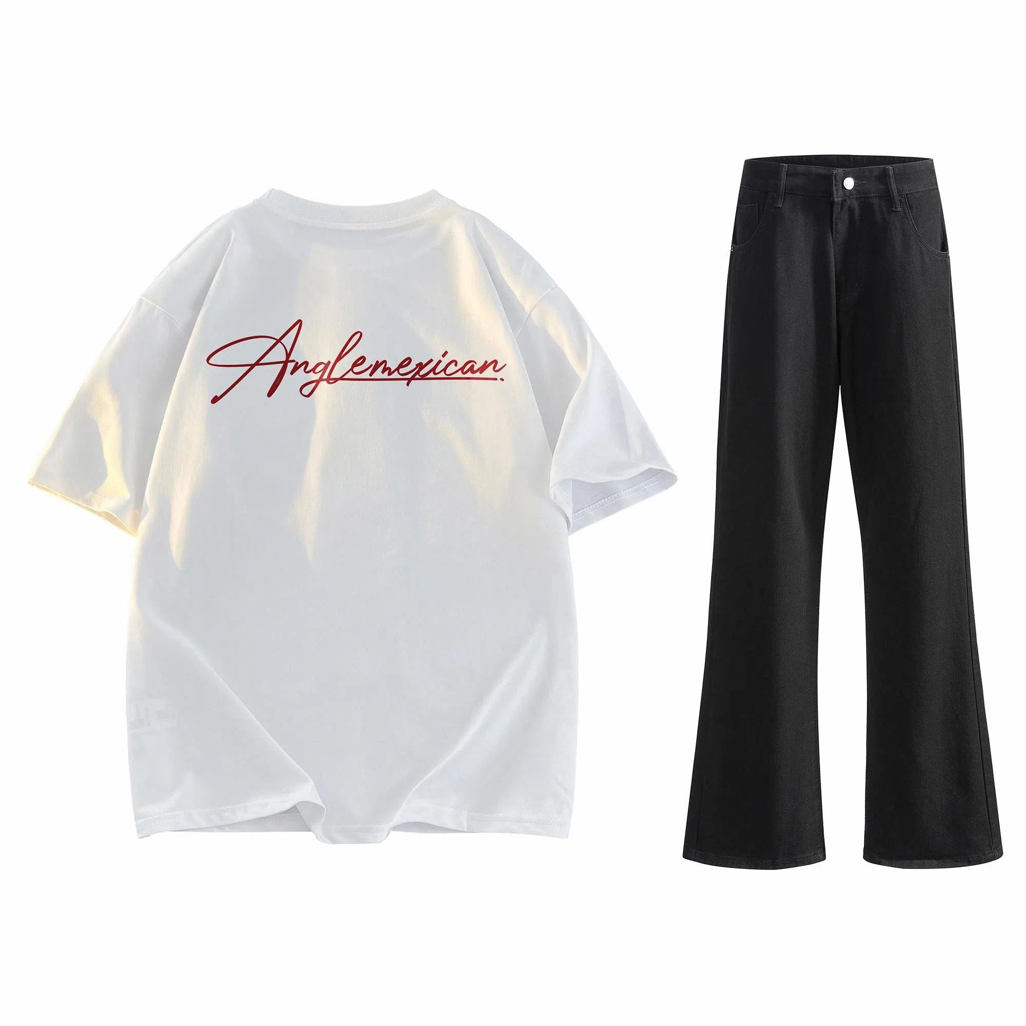 稻草人 美式高街花体字母百搭重磅纯棉宽松落肩短袖中腰水洗做旧垂感微喇叭牛仔裤休闲运动套装 男女同款