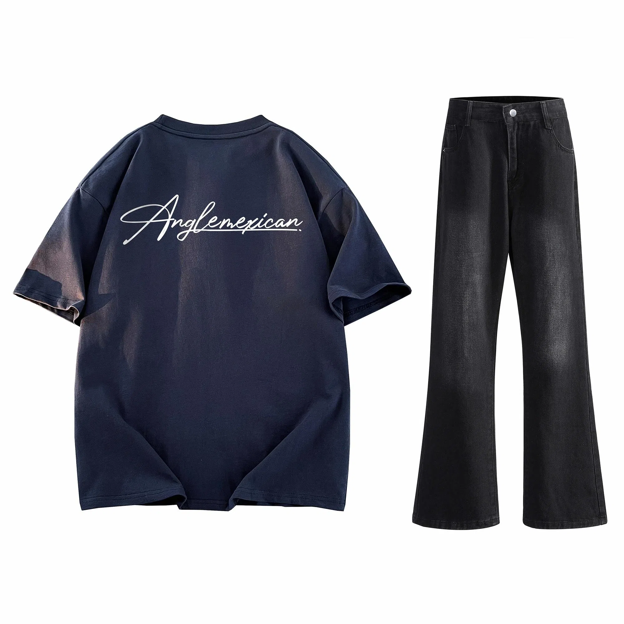 稻草人 美式高街花体字母百搭重磅纯棉宽松落肩短袖中腰水洗做旧垂感微喇叭牛仔裤休闲运动套装 男女同款