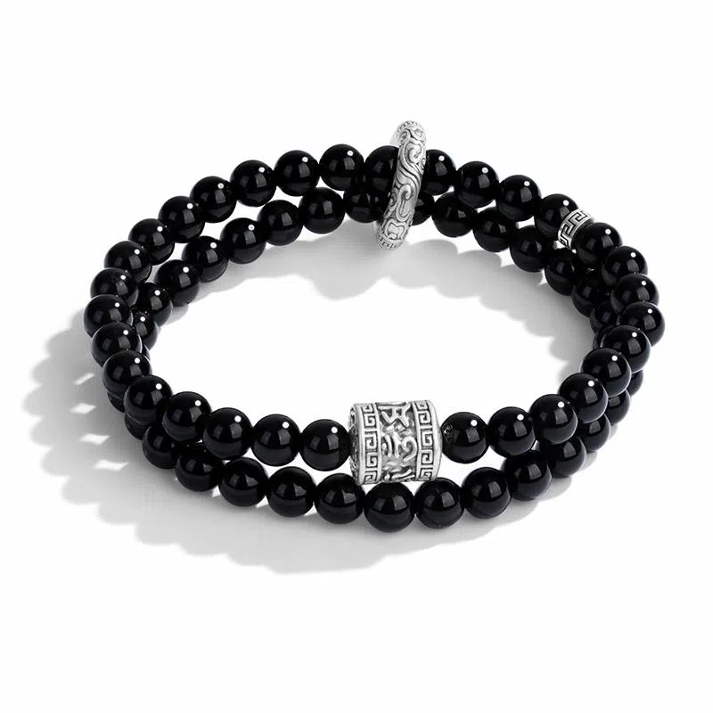 【999足银】 银千惠 心宁长乐 新中式国潮六字箴言双层弹力绳串珠 纯银精工转运珠能量石 可调节绕指柔盘玩把玩念珠 黑曜石 手串 男款