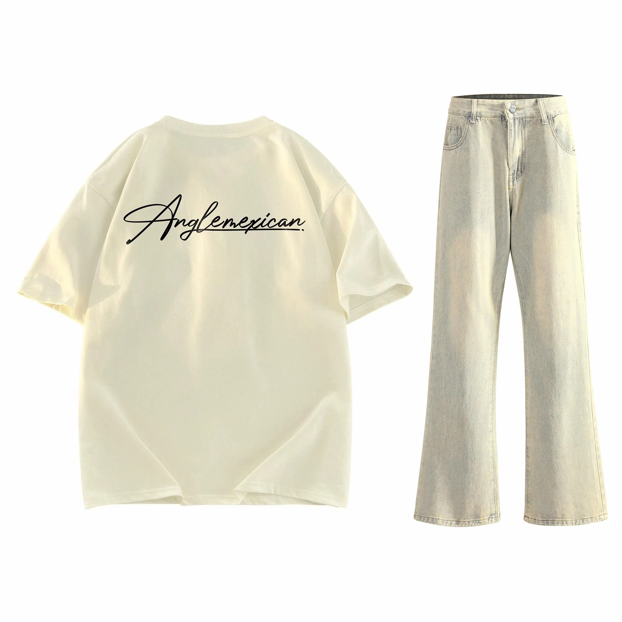 稻草人 美式高街花体字母百搭重磅纯棉宽松落肩短袖中腰水洗做旧垂感微喇叭牛仔裤休闲运动套装 男女同款