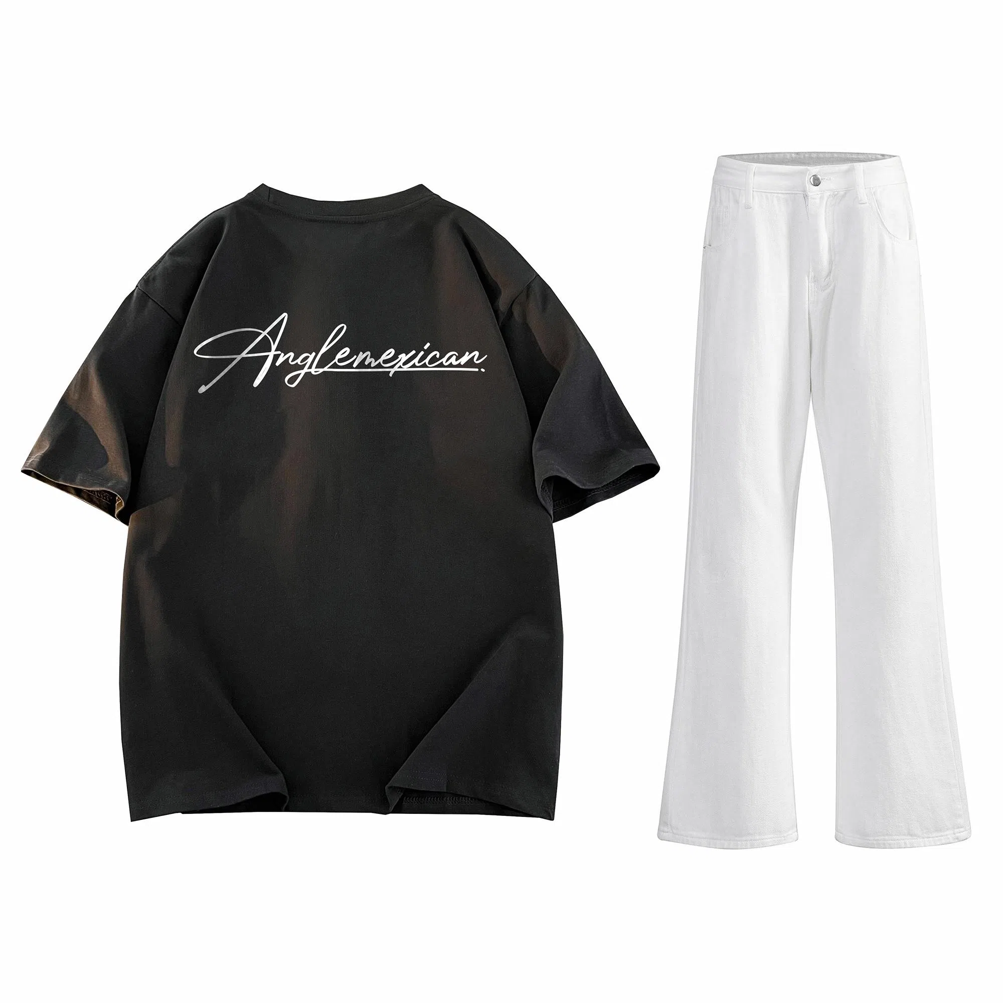 稻草人 美式高街花体字母百搭重磅纯棉宽松落肩短袖中腰水洗做旧垂感微喇叭牛仔裤休闲运动套装 男女同款