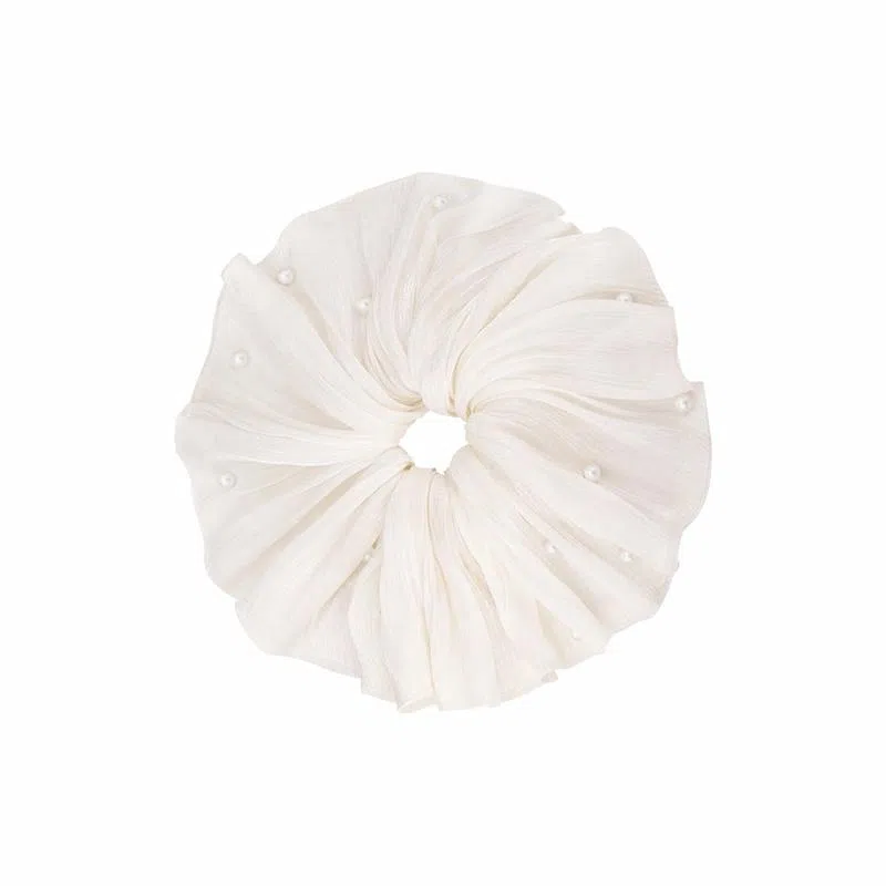 芒果饰品 流光褶皱珍珠裙摆大肠 布艺 发圈 女款