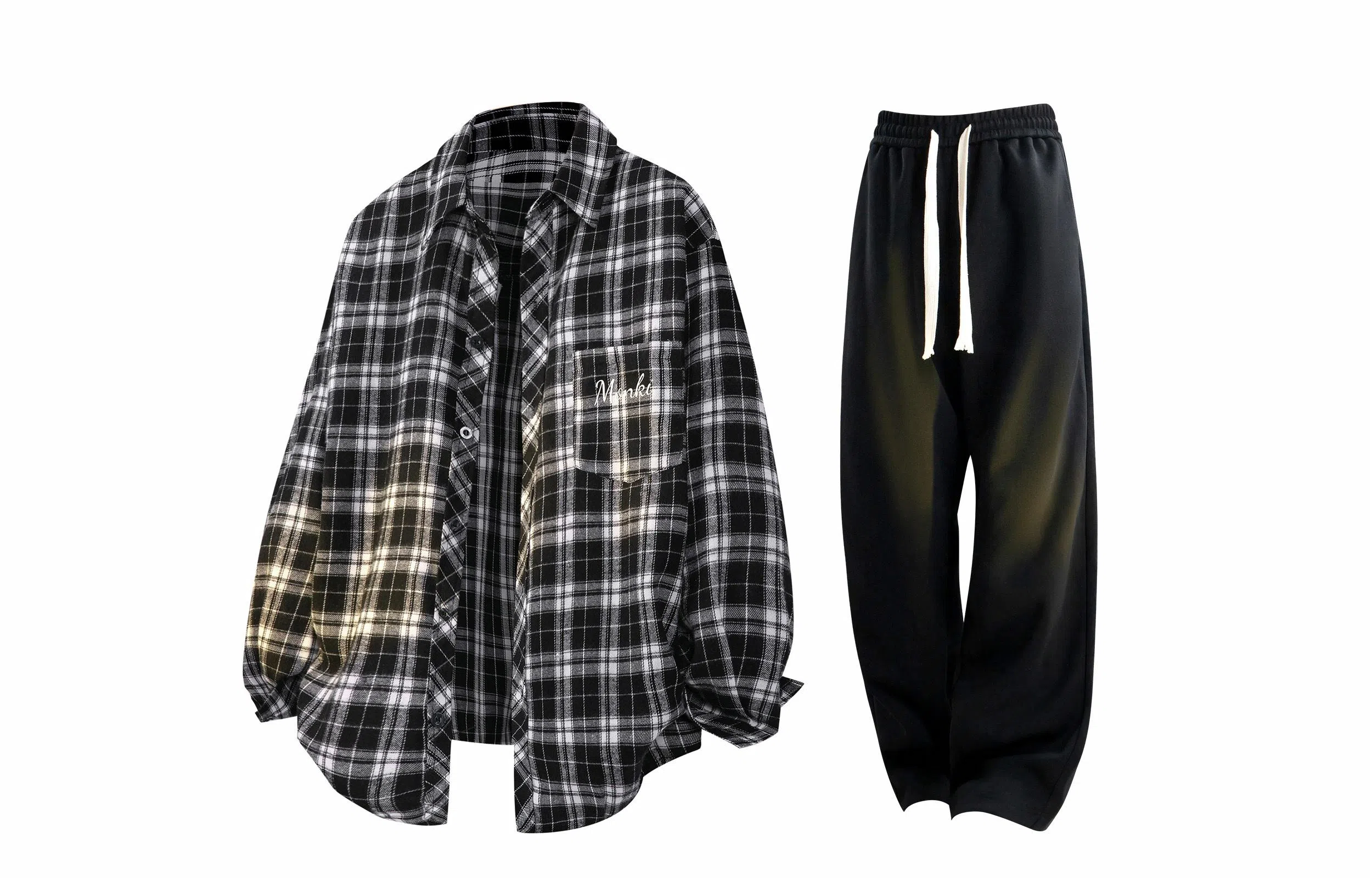 王者荣耀 梦奇款 美式复古翻领经典格子百搭宽松长袖纯色高级感弹力直筒休闲裤衬衫套装 男女同款