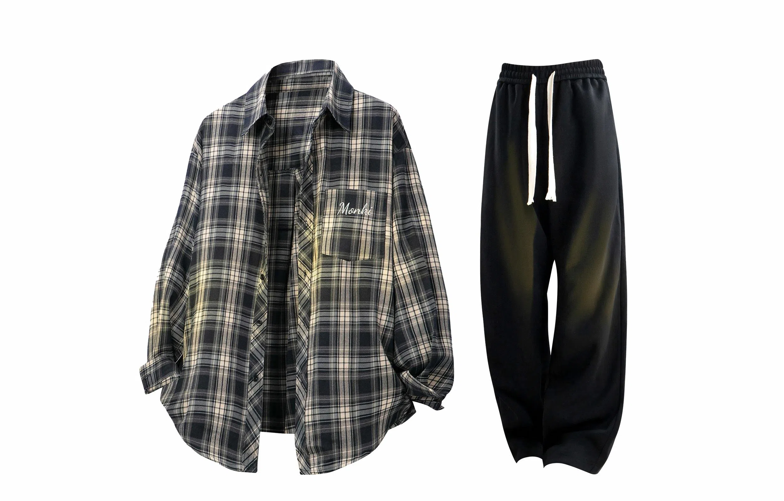 王者荣耀 梦奇款 美式复古翻领经典格子百搭宽松长袖纯色高级感弹力直筒休闲裤衬衫套装 男女同款