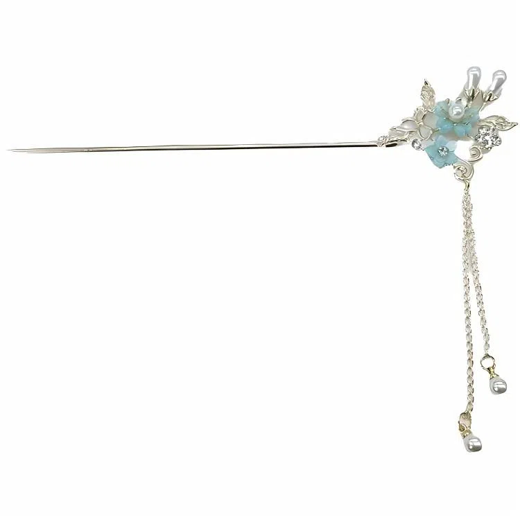 【朝朝暮暮】 指尖瑰宝 蓝色花朵流苏步摇中式高级典雅日常通勤通用花开有期美好将至 合金 发簪 女款