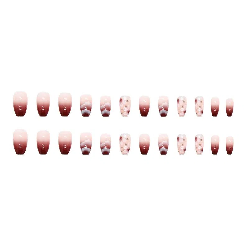 馨枕居 短芭蕾色山丘山茶花  穿戴甲 短方酒红色渐变 可爱