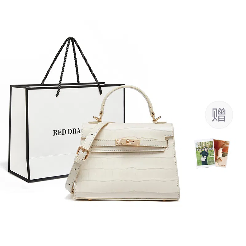 红蜻蜓 高级时髦百搭休闲鳄鱼纹 牛皮 单肩斜挎包 女款 奶白色