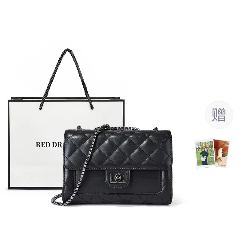 红蜻蜓 经典复古潮流时尚小众简约高级感通勤百搭菱格大容量 牛皮真皮 链条小方包斜挎单肩包 常规 女款 黑色/白色