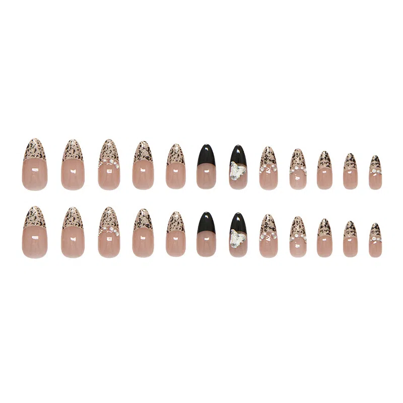 馨枕居 法式珍珠钻石  穿戴甲 中长款尖型豹纹裸色 细闪