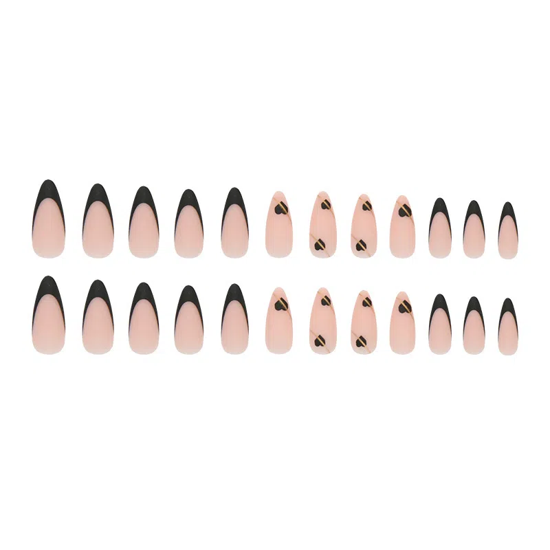 馨枕居 黑色爱心磨砂  穿戴甲 杏仁裸色纯色 法式