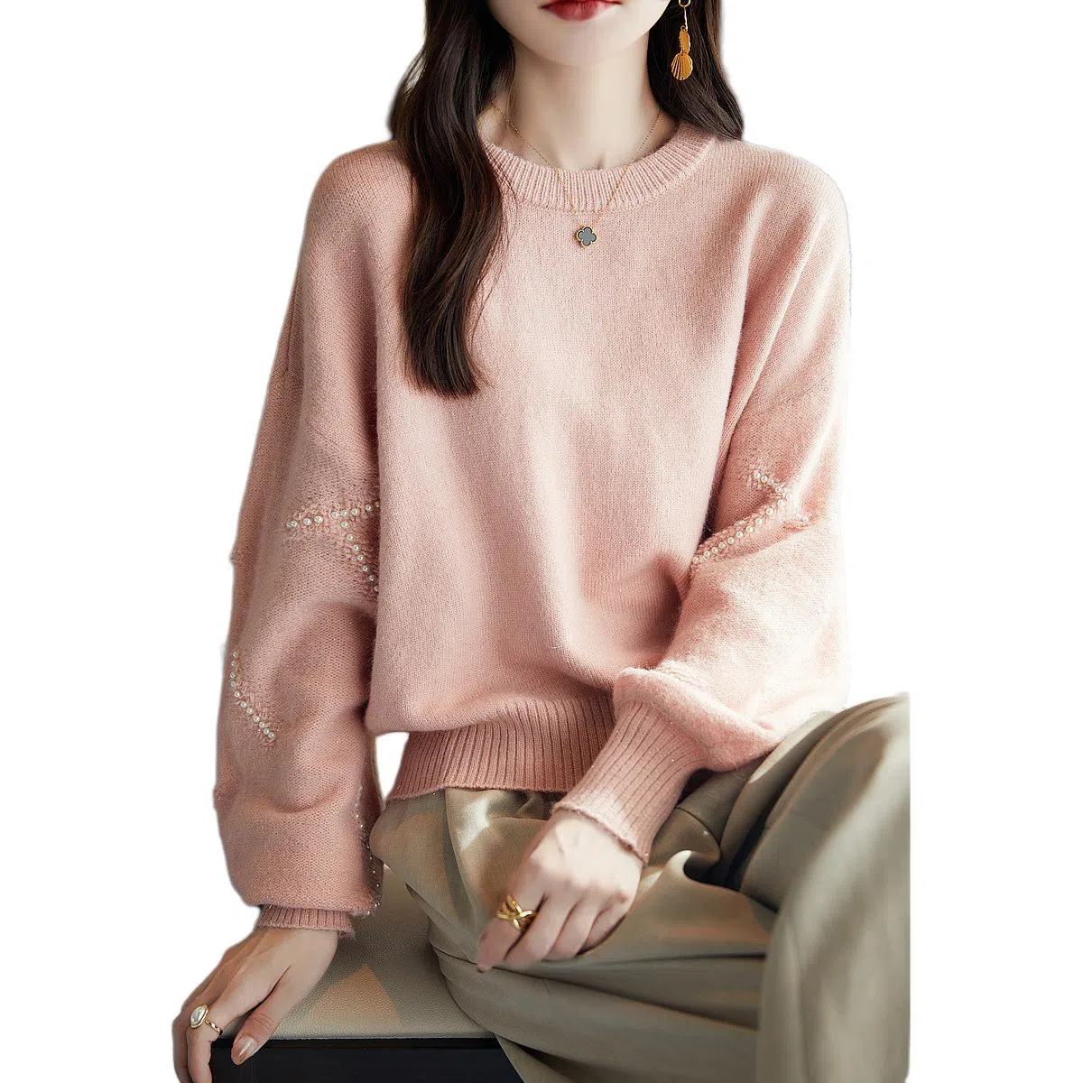 【dme】 纯色圆领宽松针织衫 女款 古粉