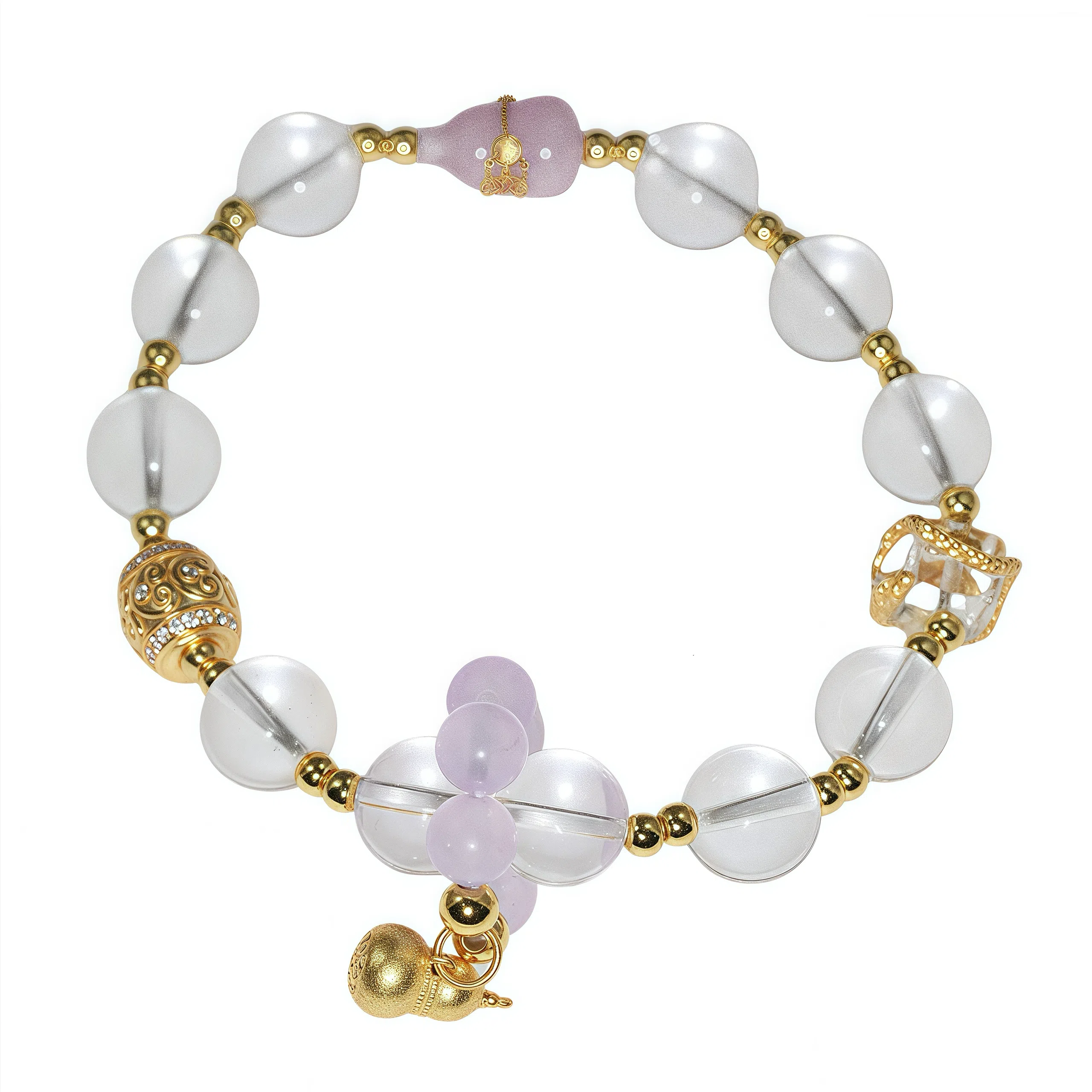 金杰福 紫玉点睛金皇冠葫芦双坠雕花球天然 白水晶 手串 女款