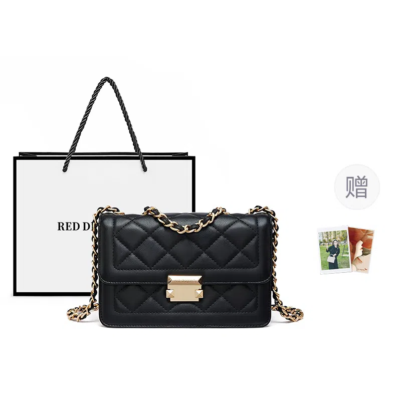 红蜻蜓 女学生包秋季小香风简约时尚百搭菱格经典高级感 牛皮 斜挎包单肩包 常规 女款 米白色/黑色