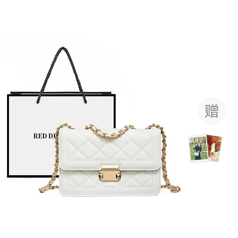 红蜻蜓 女学生包秋季小香风简约时尚百搭菱格经典高级感 牛皮 斜挎包单肩包 常规 女款 米白色/黑色