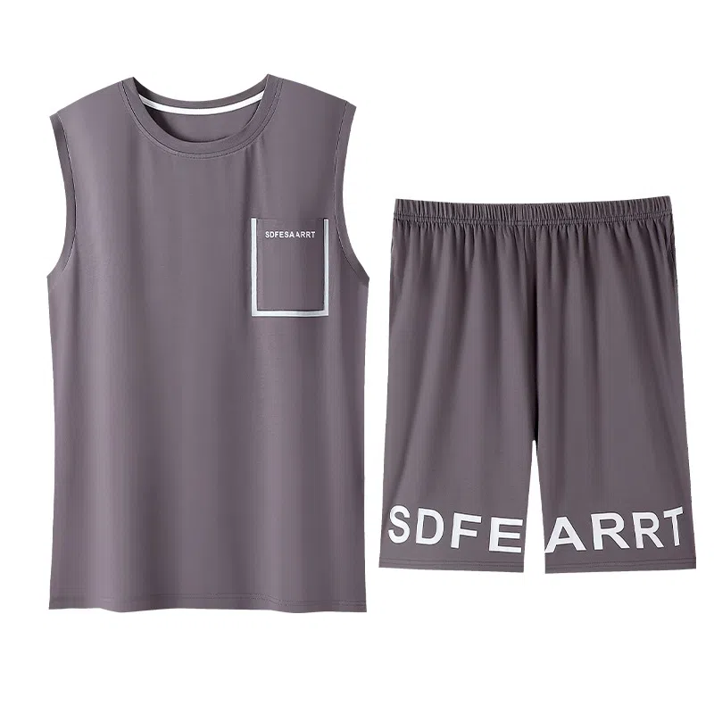 潞优野 圆领舒适无袖背心短裤睡衣套装 男款