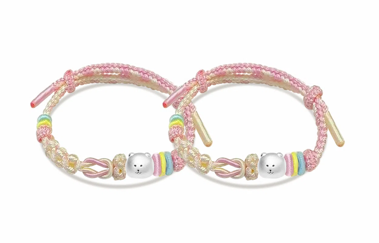 【S999纯银】 牧言 自嘲熊 萌趣可爱卡通简约小众设计高级感 立体磨砂小熊镂空交织如意结双色编绳 恋爱好运 足银 手绳 男女同款情侣款