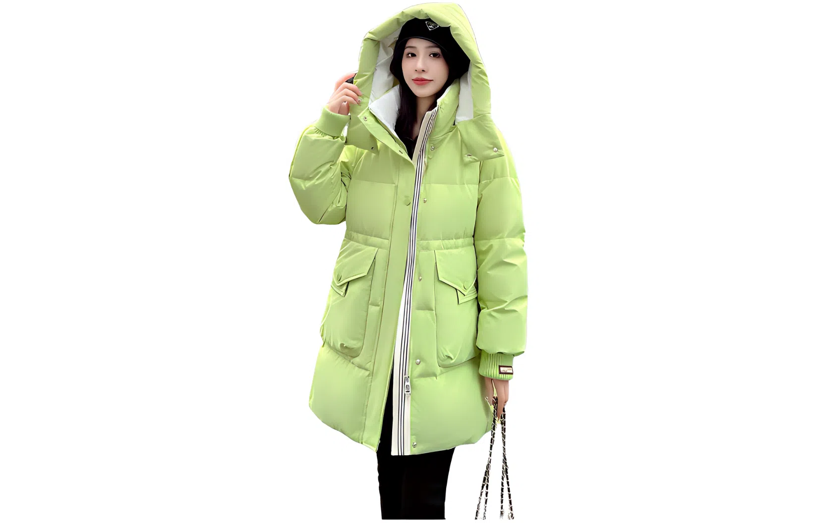 鸭鸭 纯色连帽保暖加厚中长款休闲羽绒服 女款