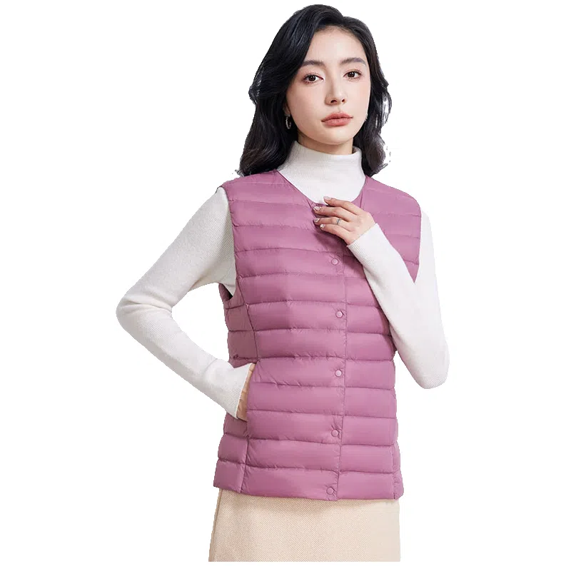 鸭鸭 纯色单排扣圆领无袖内搭外穿百搭日系极简风羽绒马甲 女款