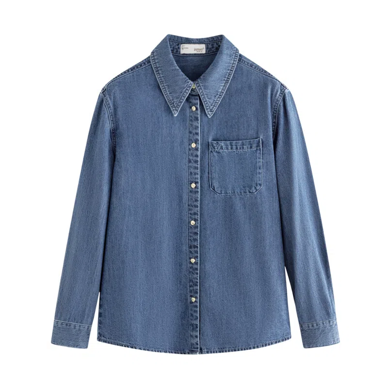 茵曼 纯色刺绣长袖衬衫 女款 牛仔蓝