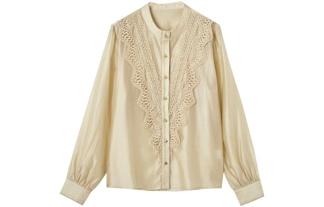 【dme】 纯色立领休闲蕾丝花边长袖衬衫 女款 卡其