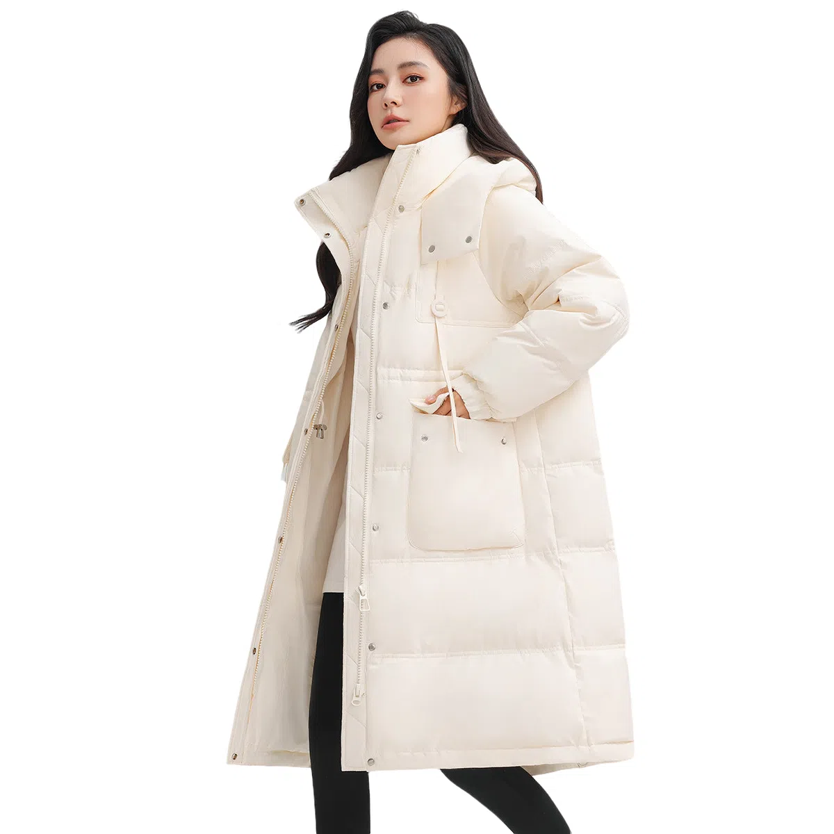 鸭鸭 纯色连帽加厚中长款通勤收腰韩系修身羽绒服 女款