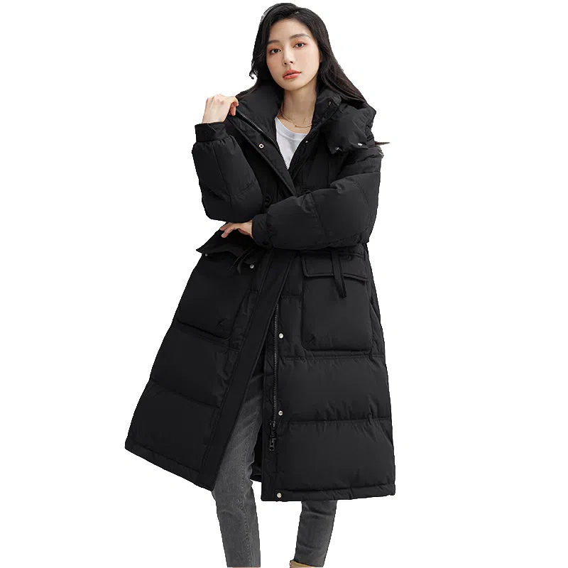 鸭鸭 纯色连帽加厚中长款通勤收腰韩系修身羽绒服 女款