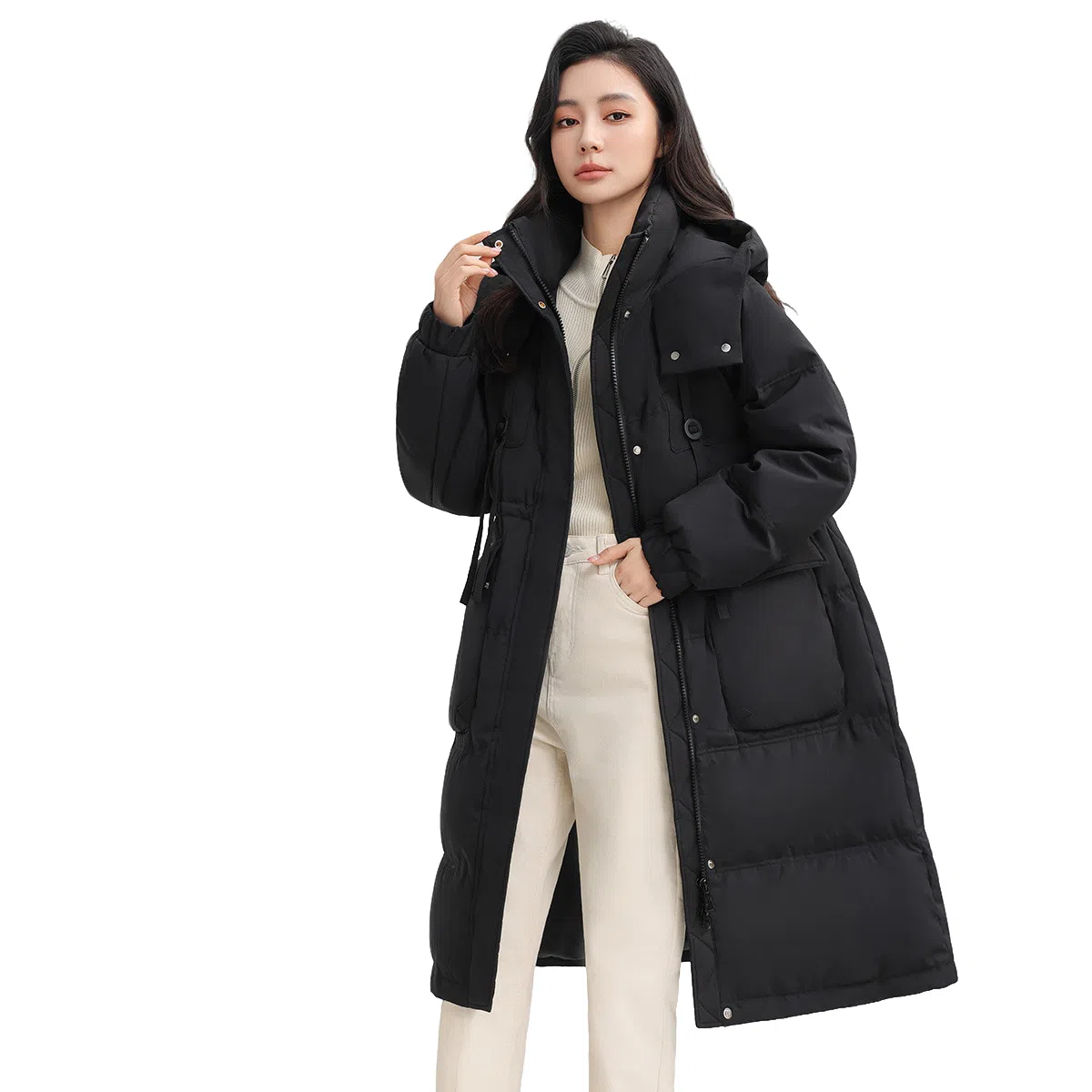 鸭鸭 纯色连帽加厚中长款通勤收腰韩系修身羽绒服 女款
