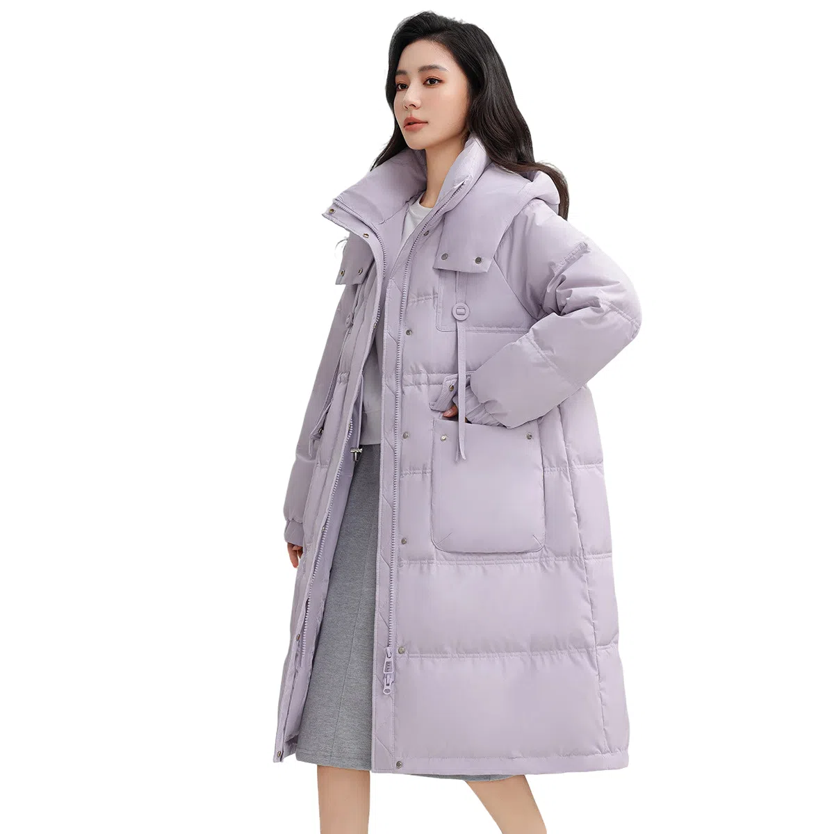 鸭鸭 纯色连帽加厚中长款通勤收腰韩系修身羽绒服 女款