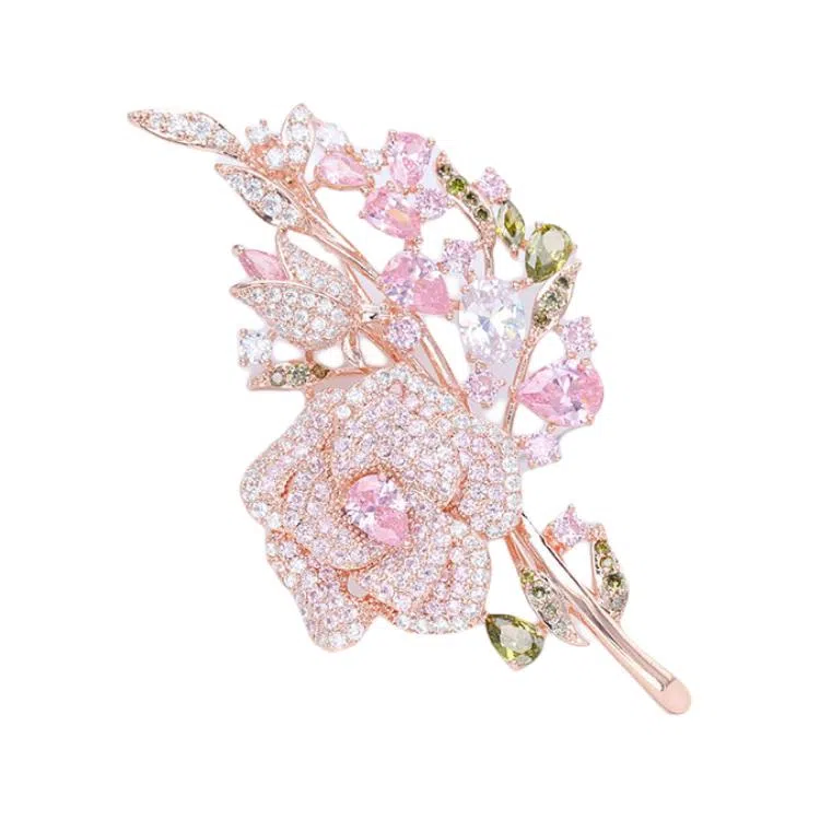 山一丸 时尚玫瑰花粉色胸花西装外套衬衫花朵锆石别针配饰 环保铜 胸针 女款